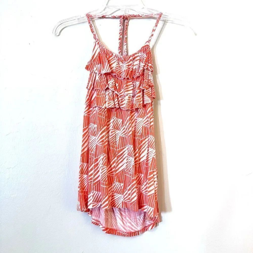 Banana Republic Patterned Ruffle Halter Rayon Tank Top Orange White XS